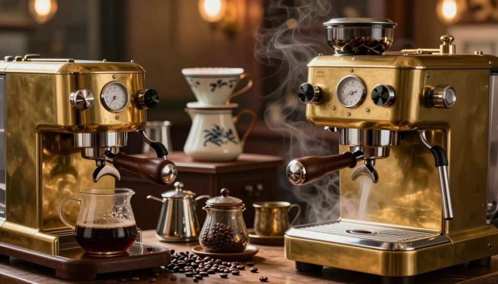 A vintage coffee brewing scene highlighting the evolution from traditional methods to steam-powered devices. In the foreground, an elegant, polished brass espresso machine with a gleaming steam wand, emitting wisps of steaming water. The middle layer features an assortment of classic coffee accessories, like a hand-painted ceramic coffee pot and a traditional filter jug, surrounded by rich coffee beans and an assortment of brewing tools. The background transitions to a cozy café setting, with warm ambient lighting that creates a nostalgic atmosphere. Soft shadows and highlights accentuate the intricate details of the coffee machine and accessories, evoking a sense of craftsmanship and history in coffee brewing. A vintage coffee brewing scene highlighting the evolution from traditional methods to steam-powered devices. In the foreground, an elegant, polished brass espresso machine with a gleaming steam wand, emitting wisps of steaming water. The middle layer features an assortment of classic coffee accessories, like a hand-painted ceramic coffee pot and a traditional filter jug, surrounded by rich coffee beans and an assortment of brewing tools. The background transitions to a cozy café setting, with warm ambient lighting that creates a nostalgic atmosphere. Soft shadows and highlights accentuate the intricate details of the coffee machine and accessories, evoking a sense of craftsmanship and history in coffee brewing.
