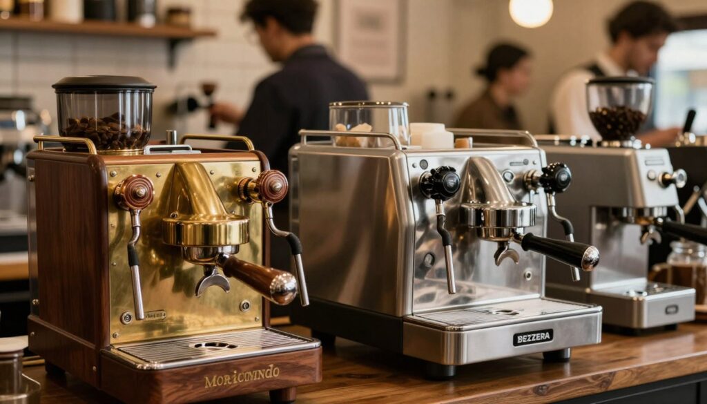 A vintage scene capturing the evolution of espresso machines. In the foreground, a beautifully detailed Moriondo espresso machine, showcasing intricate brass and woodwork, gleams under soft, warm lighting. Next to it, a sleek modern espresso machine designed by Bezzera, highlighting its stainless steel precision and elegant curves. In the middle ground, a subtle blend of various other classic espresso machines, hinting at the historical timeline of coffee brewing innovations. The background features a softly blurred coffee shop setting, with baristas in professional attire expertly preparing espresso, contributing to a cozy and inviting atmosphere. The lighting is warm and inviting, evoking a sense of tradition and passion for coffee. The composition uses a shallow depth of field to focus on the machines while providing a nod to the rich history of coffee-making. A vintage scene capturing the evolution of espresso machines. In the foreground, a beautifully detailed Moriondo espresso machine, showcasing intricate brass and woodwork, gleams under soft, warm lighting. Next to it, a sleek modern espresso machine designed by Bezzera, highlighting its stainless steel precision and elegant curves. In the middle ground, a subtle blend of various other classic espresso machines, hinting at the historical timeline of coffee brewing innovations. The background features a softly blurred coffee shop setting, with baristas in professional attire expertly preparing espresso, contributing to a cozy and inviting atmosphere. The lighting is warm and inviting, evoking a sense of tradition and passion for coffee. The composition uses a shallow depth of field to focus on the machines while providing a nod to the rich history of coffee-making.