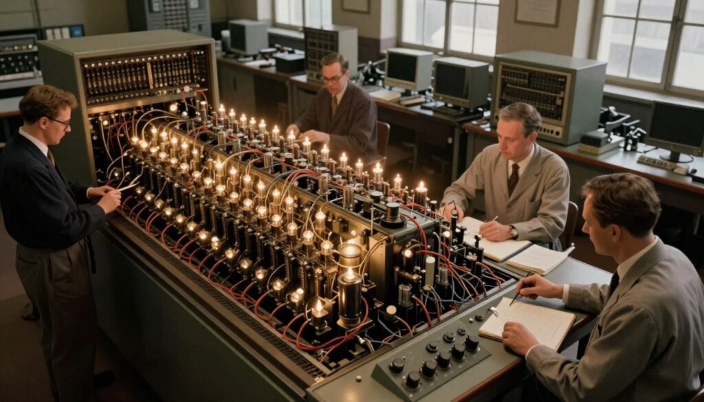 A vintage scene depicting the first computer, the ENIAC, prominently in the foreground. The massive, cabinet-like machine is filled with blinking lights, wires, and vacuum tubes, showcasing its complex structure. Surrounding it are engineers in professional attire, adjusting dials and taking notes, highlighting the collaborative effort behind this technological marvel. In the middle ground, old-fashioned electrical equipment like punched card readers and oscilloscopes add context to the era. The background features a dimly lit laboratory with large windows, casting soft, warm light that creates a nostalgic atmosphere. Use a slight high-angle perspective to emphasize the scale of the computer while focusing on the intensity of the engineers' engagement with the machine, evoking a sense of innovation and historical significance. A vintage scene depicting the first computer, the ENIAC, prominently in the foreground. The massive, cabinet-like machine is filled with blinking lights, wires, and vacuum tubes, showcasing its complex structure. Surrounding it are engineers in professional attire, adjusting dials and taking notes, highlighting the collaborative effort behind this technological marvel. In the middle ground, old-fashioned electrical equipment like punched card readers and oscilloscopes add context to the era. The background features a dimly lit laboratory with large windows, casting soft, warm light that creates a nostalgic atmosphere. Use a slight high-angle perspective to emphasize the scale of the computer while focusing on the intensity of the engineers' engagement with the machine, evoking a sense of innovation and historical significance.