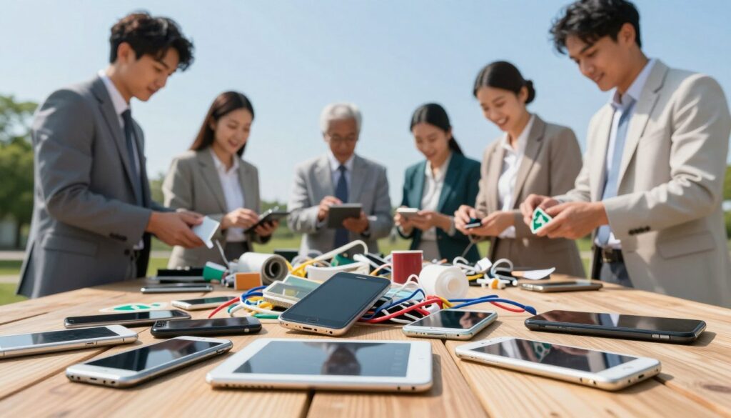 A visually engaging image capturing the concept of "electronic waste" in a recycling context. The foreground features a diverse array of discarded electronics, including old smartphones, tablets, and cables scattered on a wooden surface. In the middle ground, a group of environmentally conscious individuals in professional attire carefully sorting and recycling these electronic items, showcasing responsible e-waste management. The background depicts a clear blue sky with a hint of green trees, symbolizing hope and sustainability. Soft natural lighting brightens the scene, creating a clean and organized atmosphere. The angle is slightly elevated, providing a comprehensive view of the recycling process, while emphasizing the importance of proper disposal and recycling of old phones. A visually engaging image capturing the concept of "electronic waste" in a recycling context. The foreground features a diverse array of discarded electronics, including old smartphones, tablets, and cables scattered on a wooden surface. In the middle ground, a group of environmentally conscious individuals in professional attire carefully sorting and recycling these electronic items, showcasing responsible e-waste management. The background depicts a clear blue sky with a hint of green trees, symbolizing hope and sustainability. Soft natural lighting brightens the scene, creating a clean and organized atmosphere. The angle is slightly elevated, providing a comprehensive view of the recycling process, while emphasizing the importance of proper disposal and recycling of old phones.