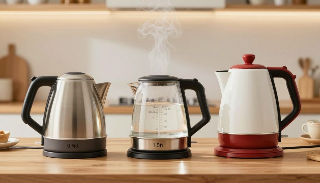 A visually striking comparison image of three electric kettles filled with water at different levels: 0.5 liters, 1 liter, and 1.5 liters. The kettles should be sleek and modern, showcasing their design variety—one stainless steel, one glass, and one colored ceramic. In the foreground, a well-lit wooden kitchen countertop displays the kettles side by side, with clear, visible water levels. The middle should include a subtle steam effect rising from the kettles, suggesting they are freshly boiled, while the background features a soft-focus modern kitchen setting with warm, inviting lighting. The overall atmosphere should feel cozy and domestic, emphasizing the efficient boiling of water for tea preparation.