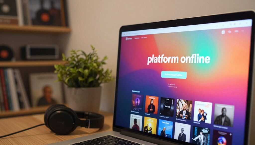A visually striking image depicting a digital screen showing a "platform offline" status, with vibrant colors to highlight the concept of digital music availability. In the foreground, a close-up of the screen displays a prominent offline message amidst a modern music library interface, like playlists and song covers. In the middle ground, an aesthetically pleasing workspace setup including a sleek laptop, headphones, and a potted plant, evoking a cozy, organized atmosphere. The background features soft-focus shelves lined with music albums and devices, enhancing the theme of music accessibility. The lighting is warm and inviting, creating a productive mood, captured from a slightly angled perspective to add depth and interest. A visually striking image depicting a digital screen showing a "platform offline" status, with vibrant colors to highlight the concept of digital music availability. In the foreground, a close-up of the screen displays a prominent offline message amidst a modern music library interface, like playlists and song covers. In the middle ground, an aesthetically pleasing workspace setup including a sleek laptop, headphones, and a potted plant, evoking a cozy, organized atmosphere. The background features soft-focus shelves lined with music albums and devices, enhancing the theme of music accessibility. The lighting is warm and inviting, creating a productive mood, captured from a slightly angled perspective to add depth and interest.