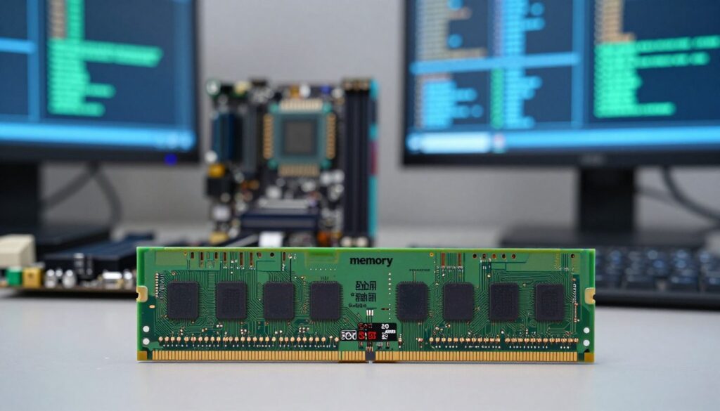 A visually striking representation of "memory" in the context of computer architecture, featuring a close-up of a computer memory module (RAM) prominently displayed in the foreground, showcasing its intricate circuit patterns and branding. In the middle ground, artistically blurred, display a motherboards and CPU, emphasizing the connection between memory and other components. The background should feature a softly illuminated workspace with a computer monitor displaying digital data streams, giving a sense of an active computing environment. Use soft, task-oriented lighting to create a professional yet engaging atmosphere. The scene is to have a slightly futuristic mood, emphasizing technology and innovation in computing without any distractions like text or watermarks.