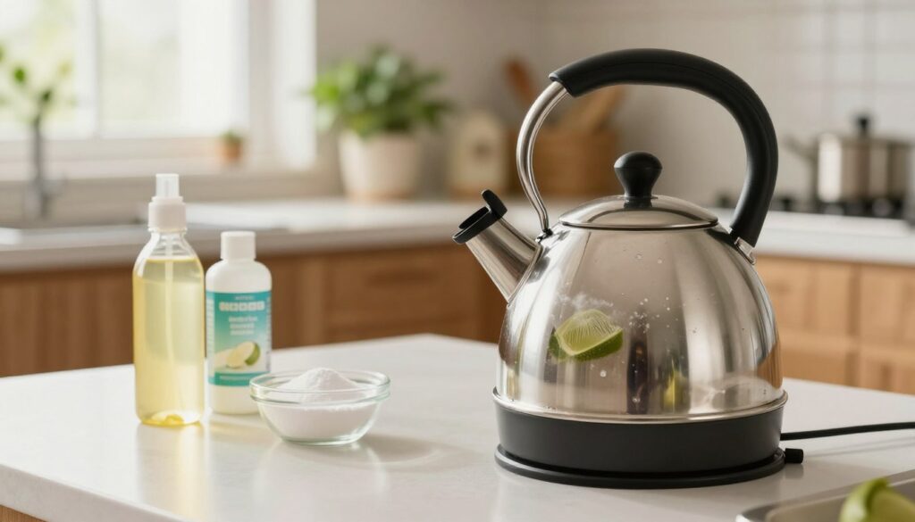 A well-lit kitchen scene featuring a close-up of a pristine kettle being safely descaled. The foreground shows a kettle with visible lime scale, positioned on a clean countertop. In the mid-ground, there are natural ingredients like vinegar and baking soda neatly arranged, hinting at DIY descaling methods. The background reveals a cozy kitchen with wooden cabinets and plants, creating a warm atmosphere. Soft natural light filters in through a window, enhancing the tranquility of the setting. The focus is sharp on the kettle, with a slight depth of field to draw attention to the descaling process. The mood is inviting and informative, perfect for a home improvement article.