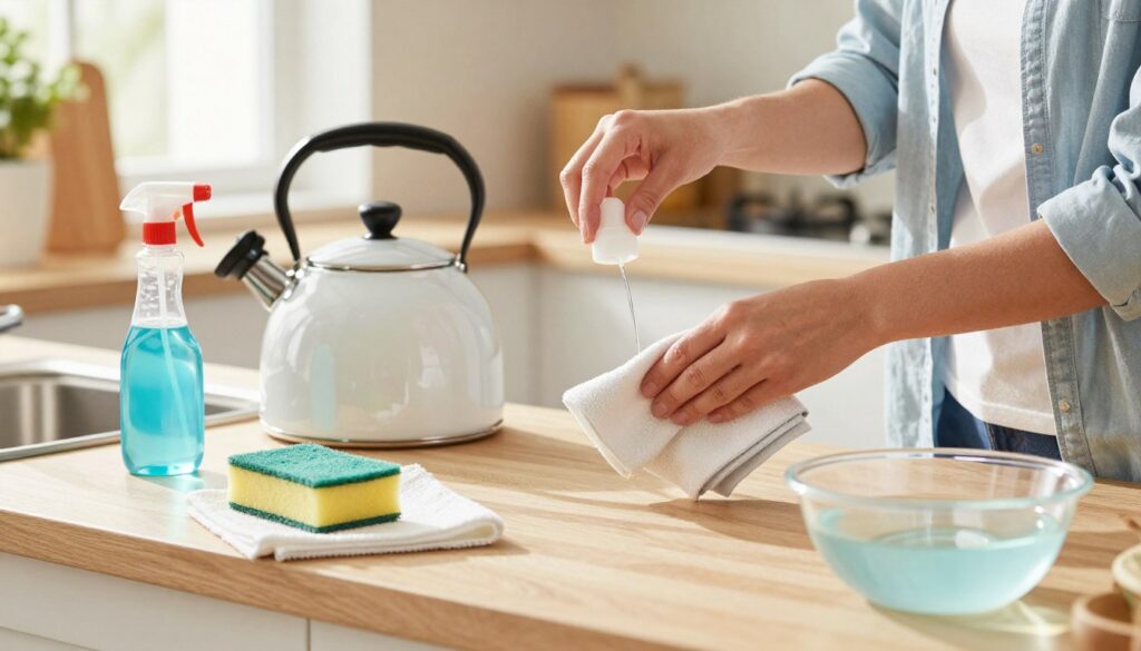 A well-lit kitchen scene featuring a person in modest casual clothing properly preparing to clean an enamel kettle. In the foreground, the individual is holding a cloth and a gentle cleaning solution, showcasing a careful approach to maintenance. The middle ground displays an elegant, shiny enamel kettle resting on a countertop surrounded by tools like a sponge, cotton cloth, and water bowl, emphasizing readiness. The background hints at a cozy kitchen atmosphere with soft daylight streaming in through a window, illuminating the scene and creating a warm, inviting mood. The image should be vibrant, with a focus on the important cleaning supplies and protective measures for the kettle’s enamel coating, all depicted in a clean and organized manner.