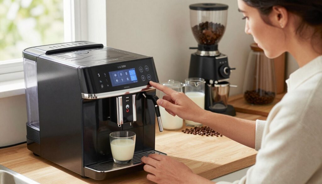 A well-lit kitchen scene showcasing a Siemens EQ.500 coffee machine on a countertop, prominently featuring a user checking the coffee settings after a reset. In the foreground, the user's hands are positioned on the machine's interface, selecting options on a digital screen. The middle ground reveals a close-up of the machine, with water and milk containers beside it, displaying an alert symbol. The background includes a coffee grinder and various coffee beans arranged artfully. Bright, natural light streams in from a nearby window, creating a warm and inviting atmosphere. Capture the focus and concern on the user's face, dressed in casual but professional attire, conveying determination while troubleshooting the appliance. A well-lit kitchen scene showcasing a Siemens EQ.500 coffee machine on a countertop, prominently featuring a user checking the coffee settings after a reset. In the foreground, the user's hands are positioned on the machine's interface, selecting options on a digital screen. The middle ground reveals a close-up of the machine, with water and milk containers beside it, displaying an alert symbol. The background includes a coffee grinder and various coffee beans arranged artfully. Bright, natural light streams in from a nearby window, creating a warm and inviting atmosphere. Capture the focus and concern on the user's face, dressed in casual but professional attire, conveying determination while troubleshooting the appliance.