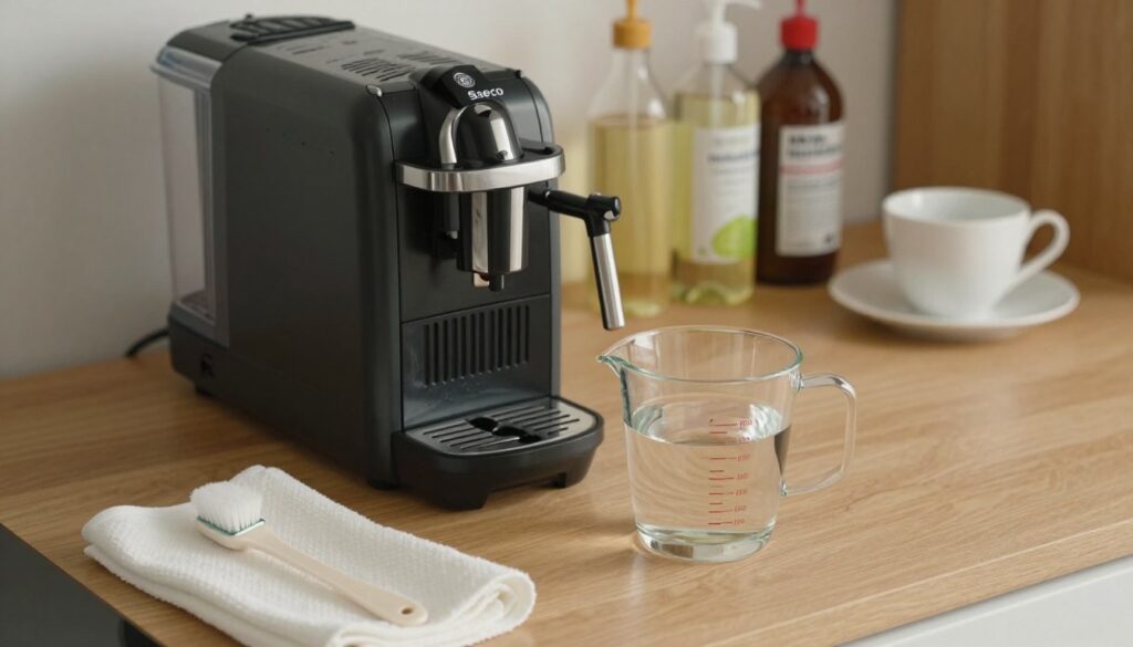 A well-organized kitchen countertop featuring a Saeco coffee machine surrounded by essential items for descaling. In the foreground, focus on a sturdy glass measuring cup filled with water and descaling solution. Use a clean, white cloth and a small, elegant brush nearby to emphasize preparation. In the middle ground, showcase the Saeco coffee machine with its water reservoir removed, revealing its interior and components. The background should display neatly arranged cleaning supplies like vinegar bottles and a coffee cup. Soft, warm lighting illuminates the scene, creating a cozy atmosphere, while the angle captures the workspace from slightly above to highlight the preparation area effectively.