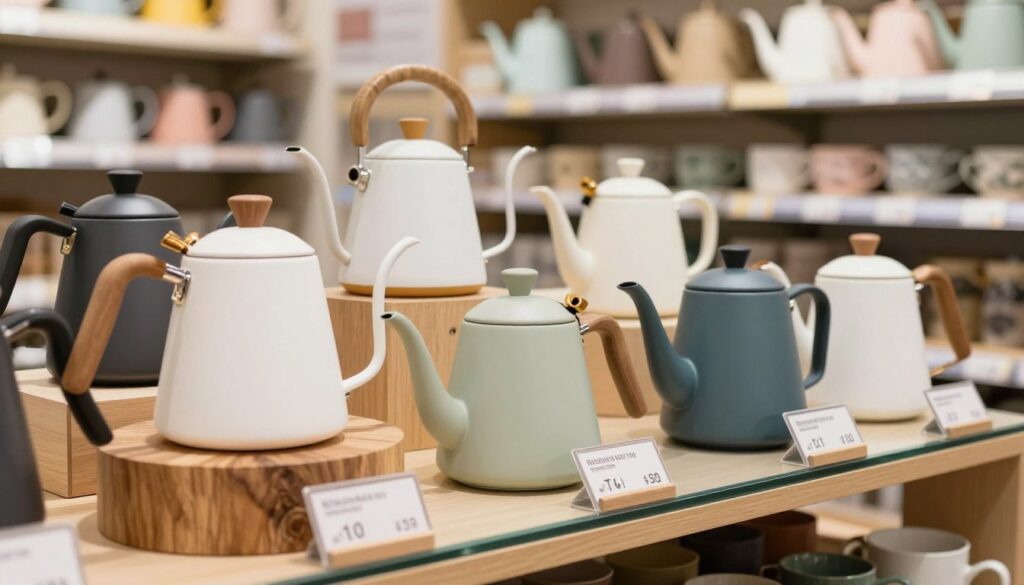 A well-organized product display for kettle whistles, focusing on price tags and identification for shoppers. In the foreground, several kettle whistles of varying designs and colors are showcased, some on decorative wood and others on a sleek glass surface. The middle ground features clear price tags with visible VAT information, subtly placed next to each product. In the background, a well-lit retail environment with shelves stocked with kitchen accessories creates a warm and inviting atmosphere. Soft, natural lighting enhances the textures and colors of the whistles. The angle should be slightly elevated to capture both product details and the shopping atmosphere, conveying a sense of informed and pleasant buying experience.