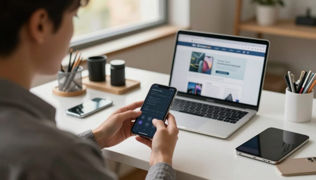 An inviting and modern workspace featuring an old smartphone being evaluated for sale. In the foreground, a person in professional attire inspects the phone with a thoughtful expression, holding a checklist. The middle ground showcases a well-organized desk with a laptop displaying an online buyback platform and various phone accessories. In the background, a large window lets in soft, natural light, creating a warm atmosphere. The scene is framed using a slightly elevated angle to capture the workspace layout. The overall mood is practical and focused, reflecting a mindset of making smart decisions about old technology. The color palette should include neutral tones with pops of color from gadgets and office supplies. An inviting and modern workspace featuring an old smartphone being evaluated for sale. In the foreground, a person in professional attire inspects the phone with a thoughtful expression, holding a checklist. The middle ground showcases a well-organized desk with a laptop displaying an online buyback platform and various phone accessories. In the background, a large window lets in soft, natural light, creating a warm atmosphere. The scene is framed using a slightly elevated angle to capture the workspace layout. The overall mood is practical and focused, reflecting a mindset of making smart decisions about old technology. The color palette should include neutral tones with pops of color from gadgets and office supplies.